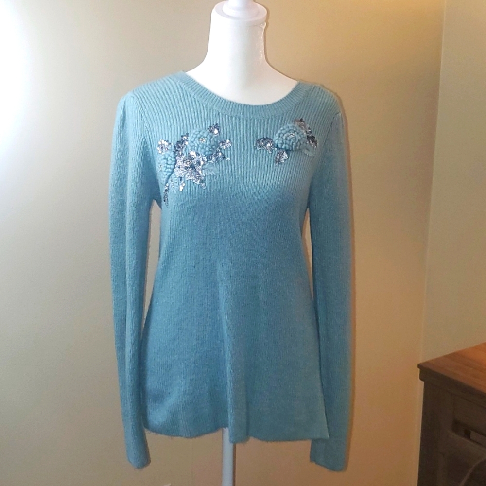 Loft embellished aqua sweater, size small